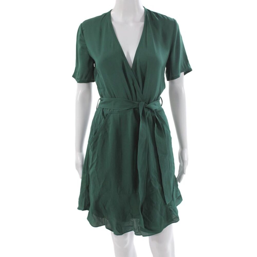 ALC Women Wrap Dress Green Silk V-Neck Short Sleeve Size 4